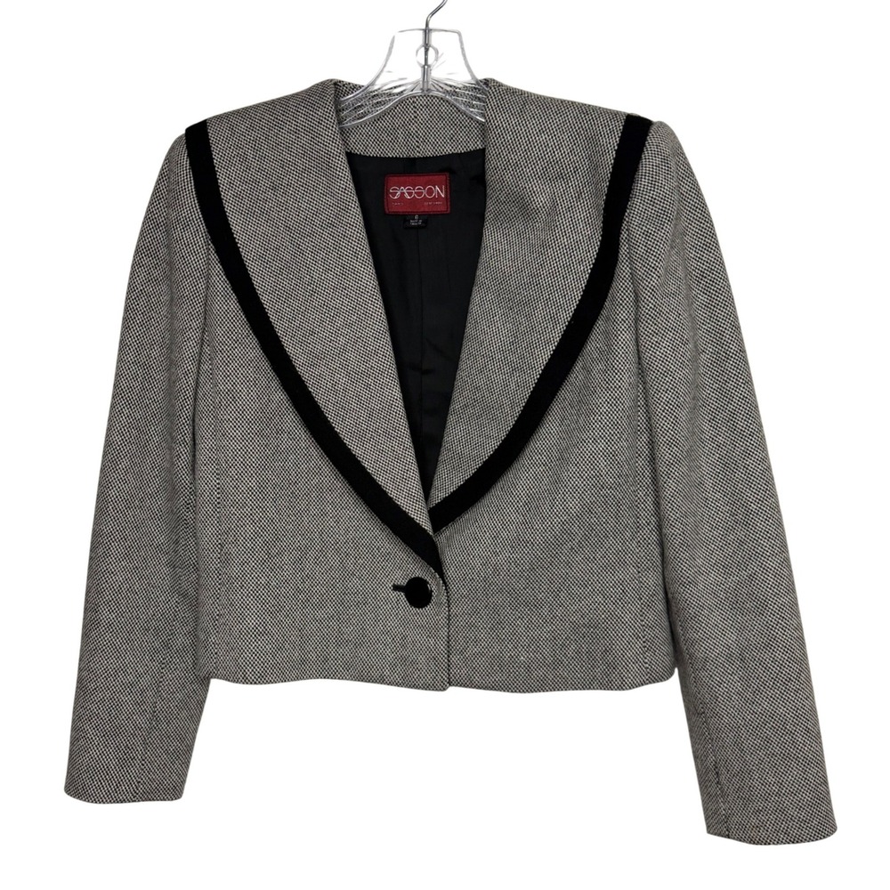 Sasson‎ VTG Cropped Contrast Trim Blazer Jacket Black White Tuxedo Chic 6 - Picture 9 of 13